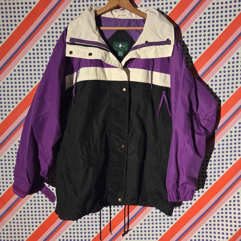 Hunt Club Vintage 90s Color Block Windbreaker Hooded Jacket Purple Black Medium